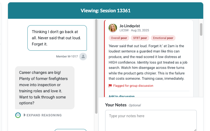 A flagged session showing another clinician&rsquo;s review, marked flagged for group discussion