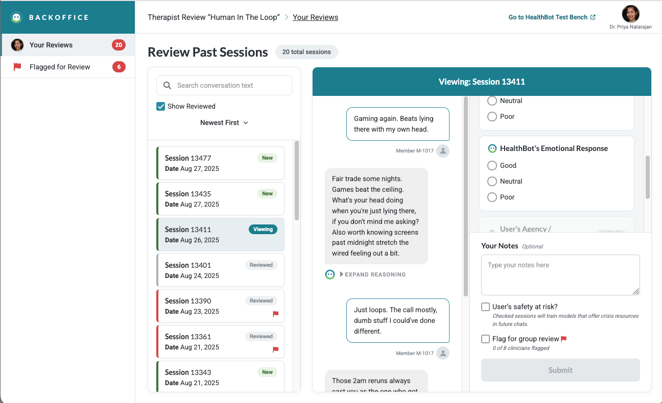 One session open in the review console: past sessions on the left, the transcript in the middle, and the scorecard on the right